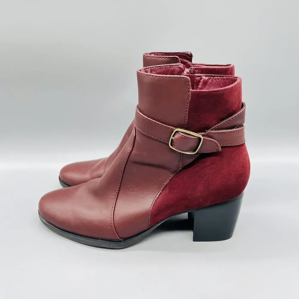 Aetrex Boots Womens 7.5 Red Leather Rebecca Ankle Buckle Zip Block Heel Booties